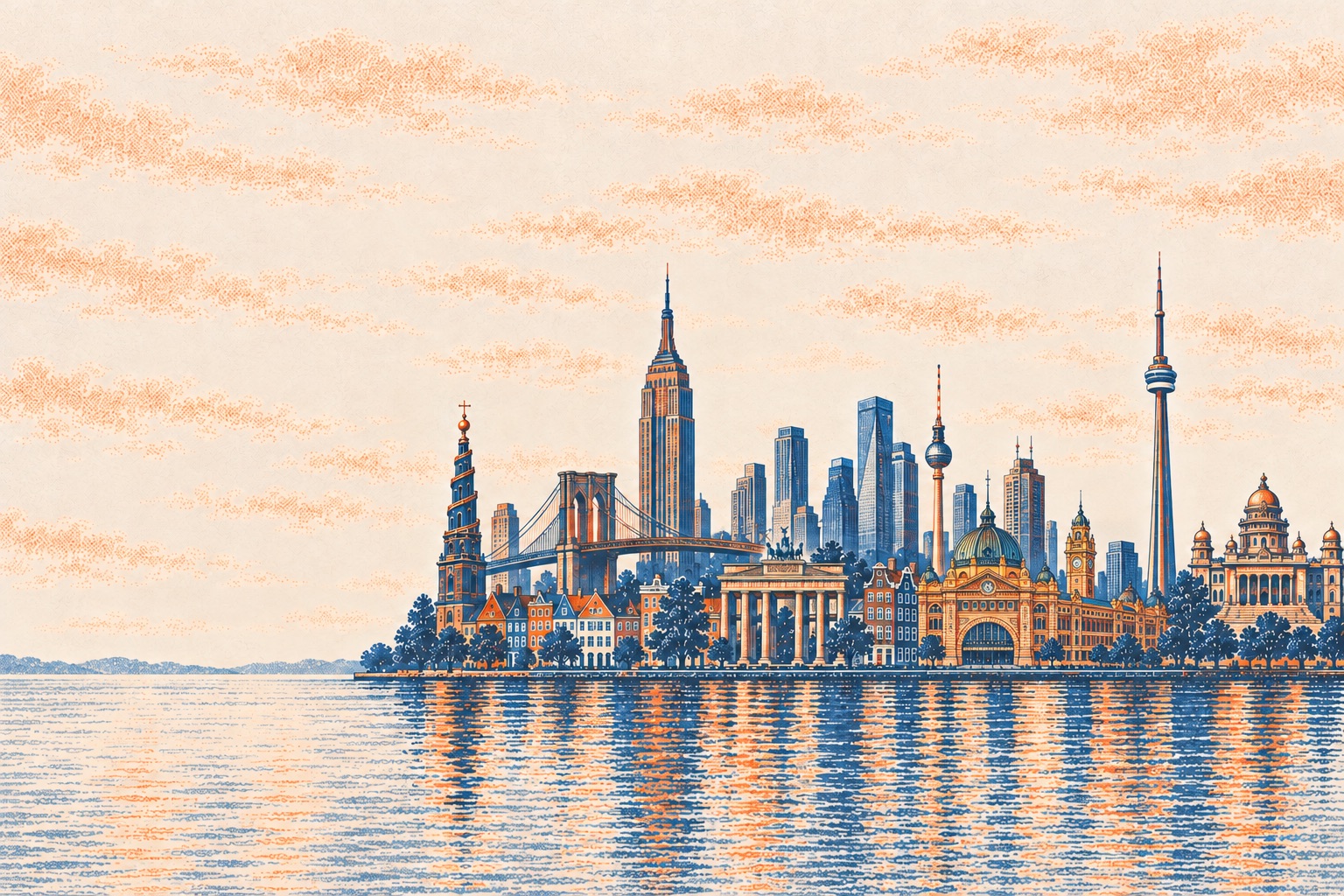 Risograph-style skyline that blends landmarks of the tour cities: Copenhagen, New York, Berlin, Amsterdam, Melbourne, Toronto and Bengaluru
